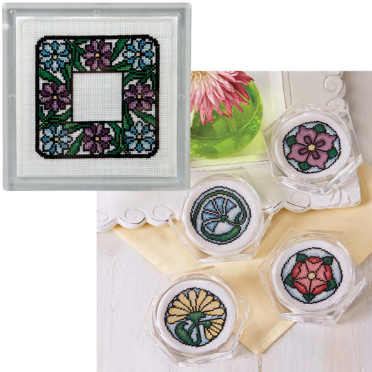 Herrschners Floral Stained Glass Coasters & Trivet Counted Cross-Stitch Herrschners Floral Stained Glass Coasters & Trivet Counted Cross-Stitch