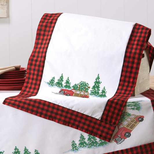 Herrschners Woody Pines Plaid Table Topper & Runner Stamped Cross-Stitch