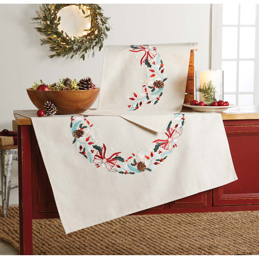 Nob Hill Autumn Leaves Table Topper & Runner Set Stamped Embroidery