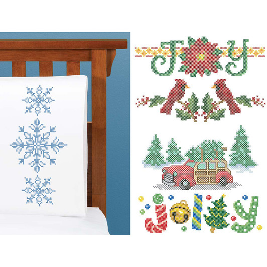 Herrschners Blue Christmas Pillowcase Set Stamped CrossStitch