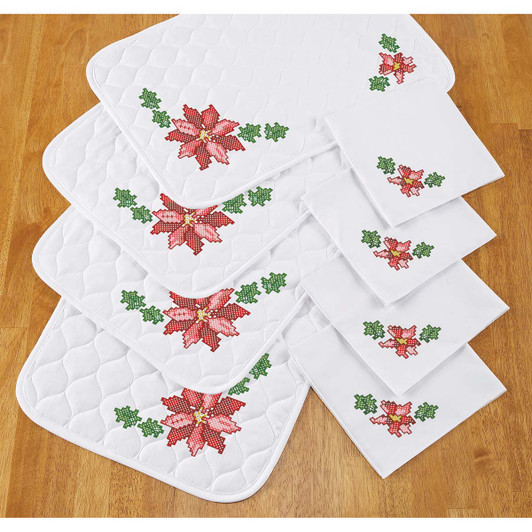 Herrschners Scarlet Poinsettia Place Mats & Napkins Stamped Cross-Stitch Herrschners Scarlet Poinsettia Place Mats & Napkins Stamped Cross-Stitch