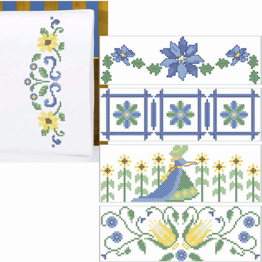 Herrschners Yellow & Blue Beauties Pillowcases Stamped Cross-Stitch Herrschners Yellow & Blue Beauties Pillowcases Stamped Cross-Stitch