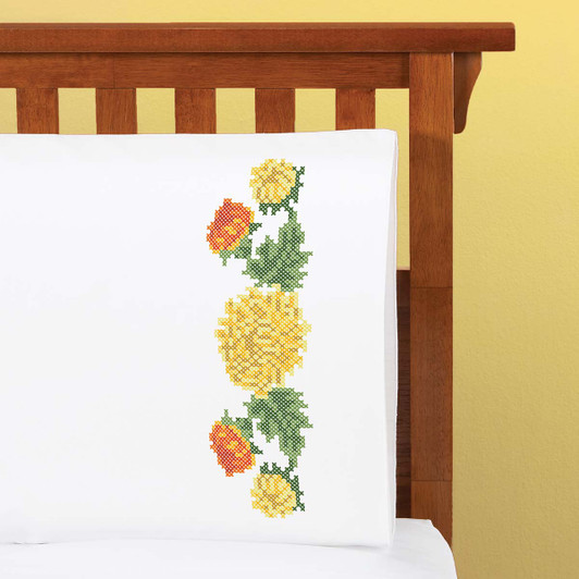 Herrschners Sunset Mums Pillowcase Pair Stamped Cross-Stitch
