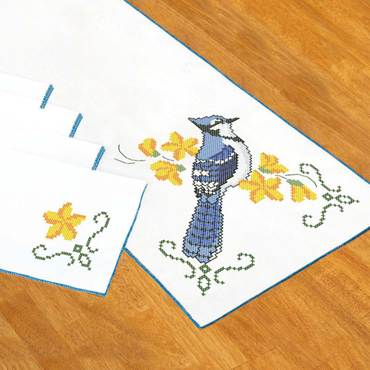 Herrschners Blue Jays Table Runner & Napkins Stamped Cross-Stitch Herrschners Blue Jays Table Runner & Napkins Stamped Cross-Stitch
