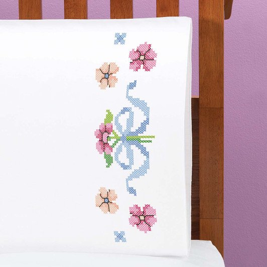 Herrschners Blooming Blossoms Pillowcase Pair Stamped Cross-Stitch Herrschners Blooming Blossoms Pillowcase Pair Stamped Cross-Stitch
