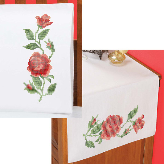 Red Roses Pillowcase Pair or Dresser Scarf Thread Kit