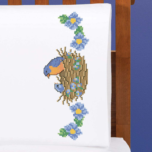 Herrschners Bluebird Nest Pillowcase Pair Stamped Cross-Stitch