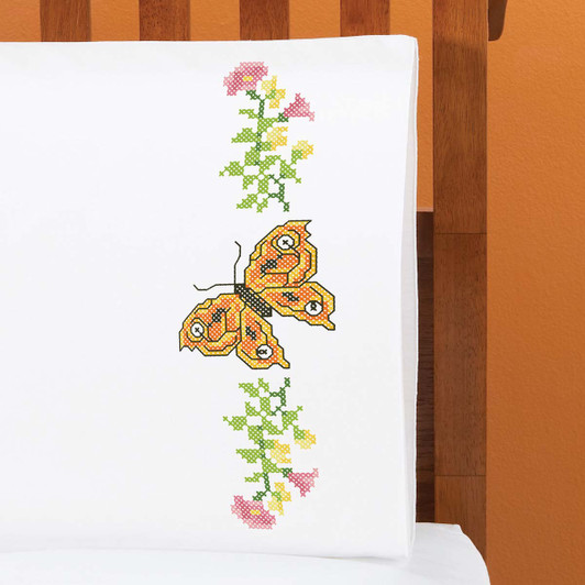 Herrschners Butterfly Flutter Pillowcase Pair Stamped Cross-Stitch Herrschners Butterfly Flutter Pillowcase Pair Stamped Cross-Stitch