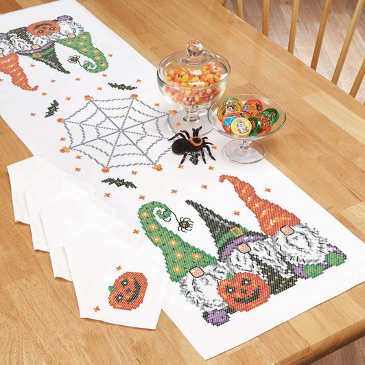Herrschners Halloween Gnomes Table Runner & Napkins Stamped Cross-Stitch