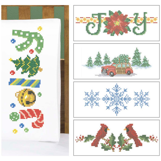 Herrschners Christmas Pillowcase Pairs Set Stamped Cross-Stitch Herrschners Christmas Pillowcase Pairs Set Stamped Cross-Stitch