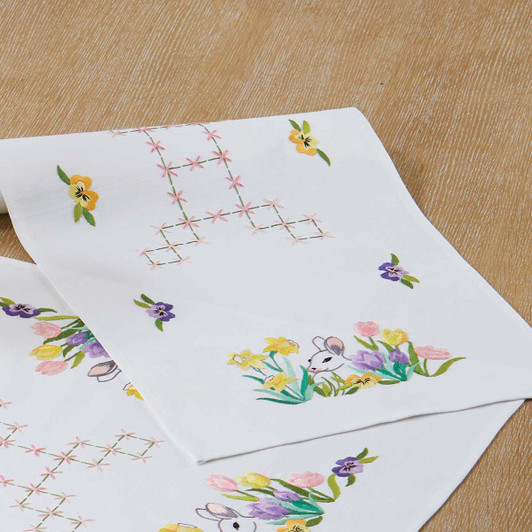 Craftways Easter Bunny & Flowers Table Runner Stamped Embroidery