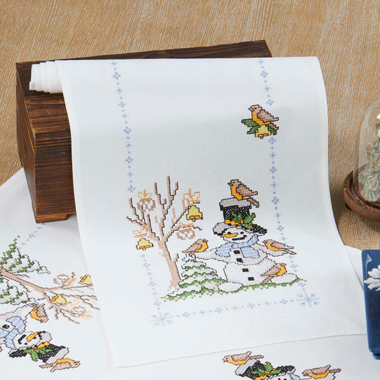 Village Linens Snowman with Birds Table Runner Stamped Cross-Stitch Kit