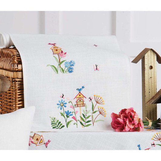 Nob Hill Birdhouses in Flowers Table Runner Stamped Embroidery Kit Nob Hill Birdhouses in Flowers Table Runner Stamped Embroidery Kit