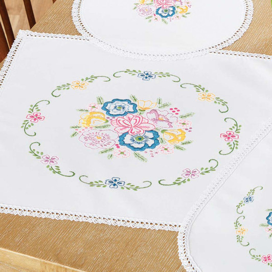 Herrschners Heirloom Posies Table Topper Stamped Embroidery Kit Herrschners Heirloom Posies Table Topper Stamped Embroidery Kit
