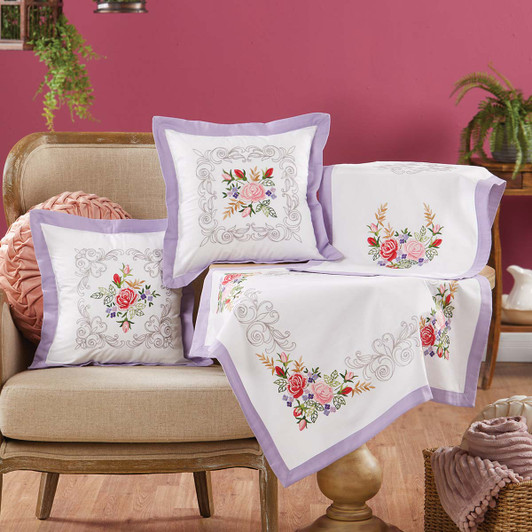 Herrschners Rose & Lilac Table Top, Table Runner, & Pillow Covers Set Stamped Embroidery Herrschners Rose & Lilac Table Top, Table Runner, & Pillow Covers Set Stamped Embroidery