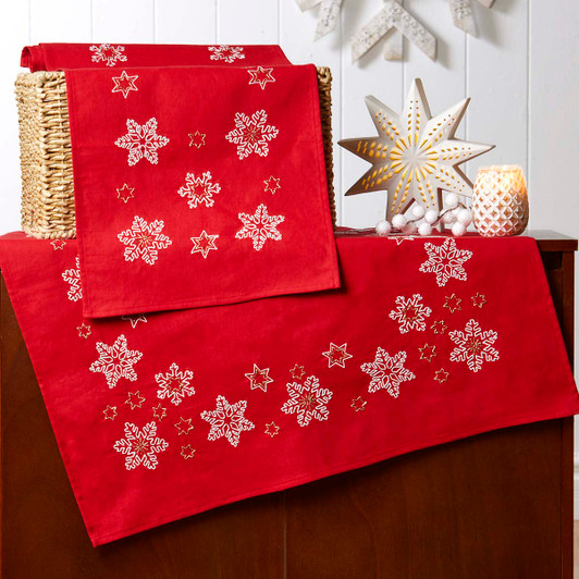 Herrschners Snowflakes on Red Table Topper & Runner Set Stamped Embroidery Herrschners Snowflakes on Red Table Topper & Runner Set Stamped Embroidery