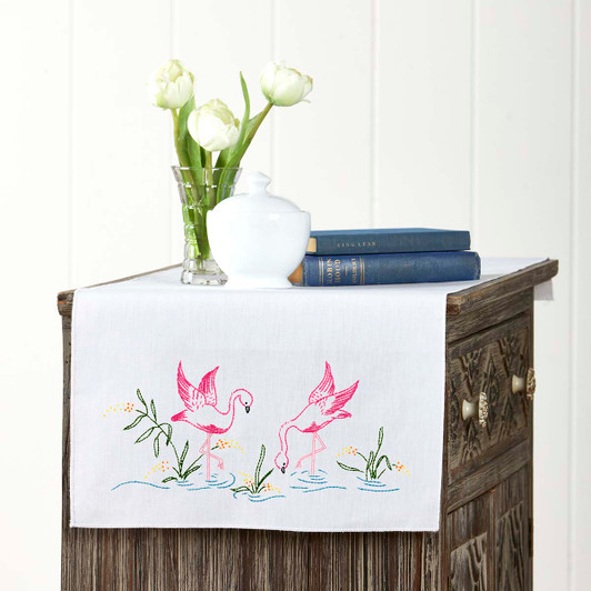 Herrschners Tropical Flamingos Dresser Scarf Stamped Embroidery