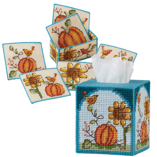 Herrschners Festive Fall Tissue Box & Coaster Set Plastic Canvas Herrschners Festive Fall Tissue Box & Coaster Set Plastic Canvas