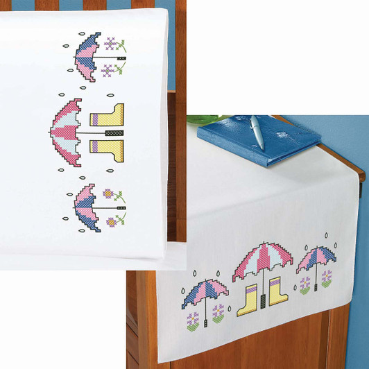 Herrschners Spring Showers Pillowcase Pair or Dresser Scarf Thread Kit