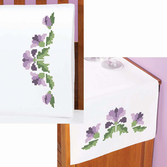 Herrschners Early Morning Blooms  Pillowcase Pair or Dresser Scarf Thread Kit