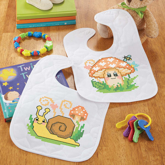 Baby by Herrschners Mushroom Cottage Bibs Stamped Cross-Stitch Kit Baby by Herrschners Mushroom Cottage Bibs Stamped Cross-Stitch Kit
