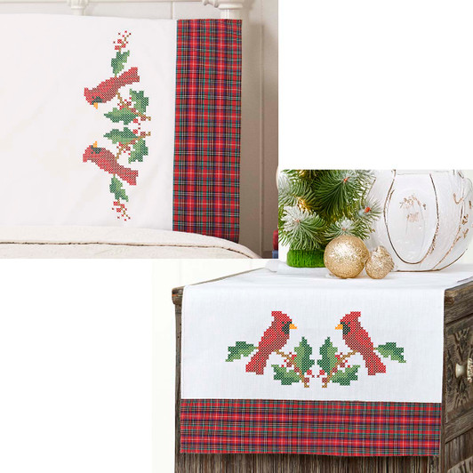 Herrschners Cardinal Bough Pillowcase Pair & Dresser Scarf Set Stamped Cross-Stitch Herrschners Cardinal Bough Pillowcase Pair & Dresser Scarf Set Stamped Cross-Stitch