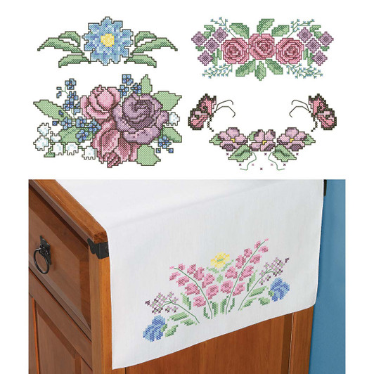 Herrschners Floral Fantasy Dresser Scarf Set Stamped Cross-Stitch Herrschners Floral Fantasy Dresser Scarf Set Stamped Cross-Stitch