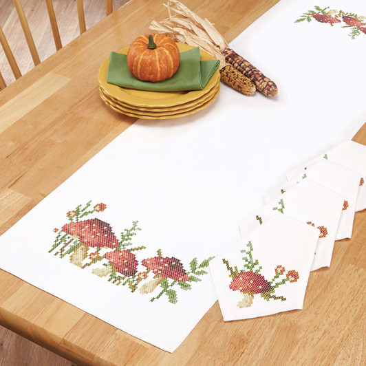 Herrschners Mushroom Meadows Table Runner or Napkins Thread Kit