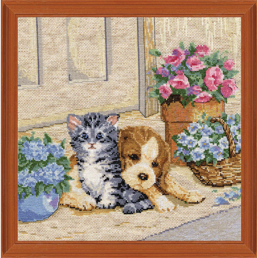 Design Works Cat & Puppy at Door Kit & Frame Counted Cross-Stitch
