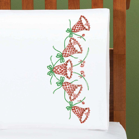 Herrschners Christmas Bells Pillowcase Pair Stamped Embroidery