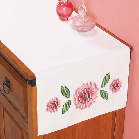 Herrschners Retro Roses Dresser Scarf Stamped Cross-Stitch Herrschners Retro Roses Dresser Scarf Stamped Cross-Stitch
