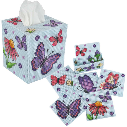 Herrschners Butterfly Garden Tissue Box & Coasters Set Plastic Canvas Herrschners Butterfly Garden Tissue Box & Coasters Set Plastic Canvas