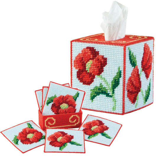 Herrschners Sweet Poppies Tissue Box & Coasters Set Plastic Canvas Herrschners Sweet Poppies Tissue Box & Coasters Set Plastic Canvas