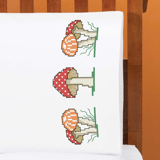 Herrschners Mushroom Madness Pillowcase Pair Stamped Cross-Stitch