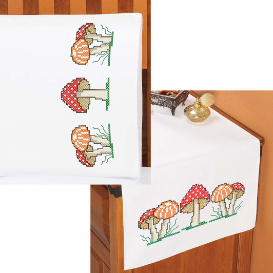 Herrschners Mushroom Madness Pillowcase Pair or Dresser Scarf Thread Kit