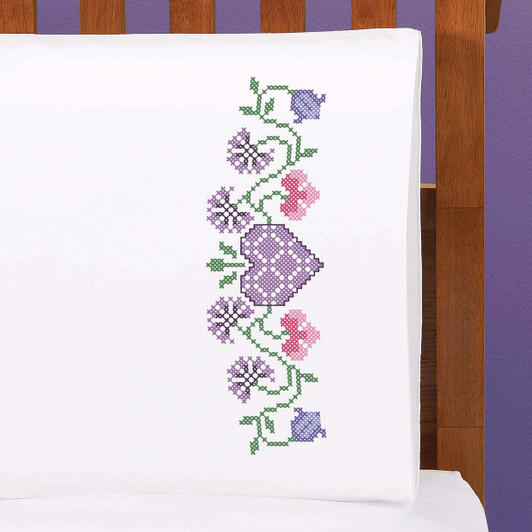 Herrschners Friendship Floral Pillowcase Pair Stamped Cross-Stitch