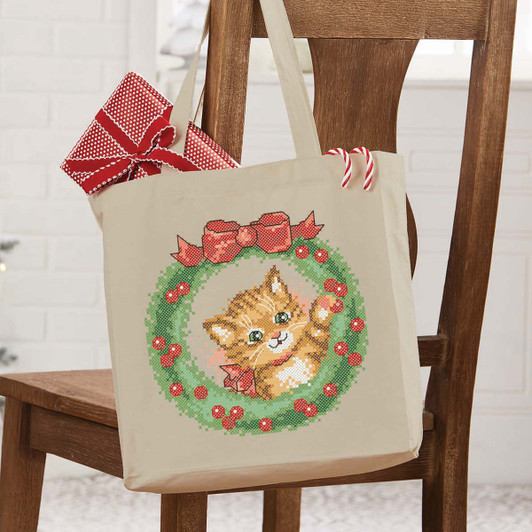 Herrschners Christmas Kitten Tote Bag Stamped Cross-Stitch Kit