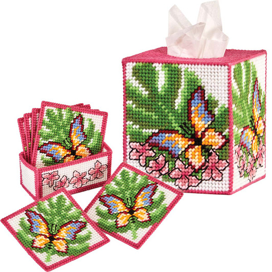 Herrschners Tropical Jungle Tissue Box & Coasters Set Plastic Canvas Herrschners Tropical Jungle Tissue Box & Coasters Set Plastic Canvas