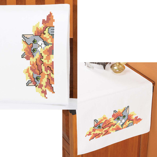 Herrschners Kitty Capers Pillowcase Pair or Dresser Scarf Thread Kit