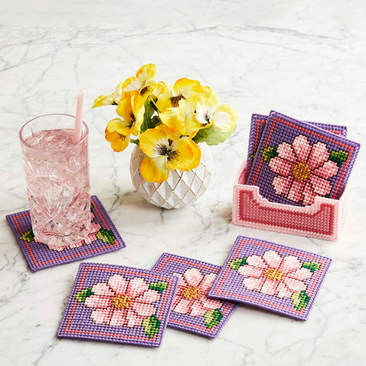 Herrschners Delicate Blooms Coasters with Holder Plastic Canvas Kit