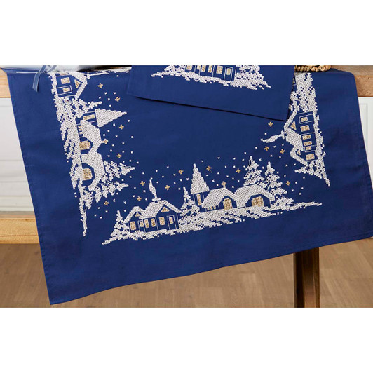 Herrschners Blue Winter Village Table Topper Stamped Cross-Stitch Kit Herrschners Blue Winter Village Table Topper Stamped Cross-Stitch Kit
