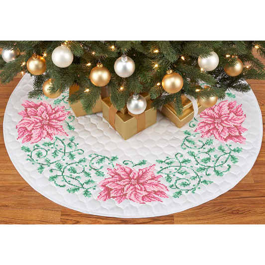 Herrschners Pink Poinsettia Tree Skirt Stamped Cross-Stitch Kit Herrschners Pink Poinsettia Tree Skirt Stamped Cross-Stitch Kit