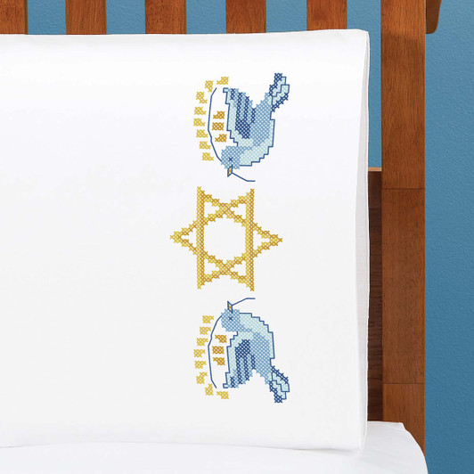 Herrschners Star of David Pillowcase Pair Stamped Cross-Stitch