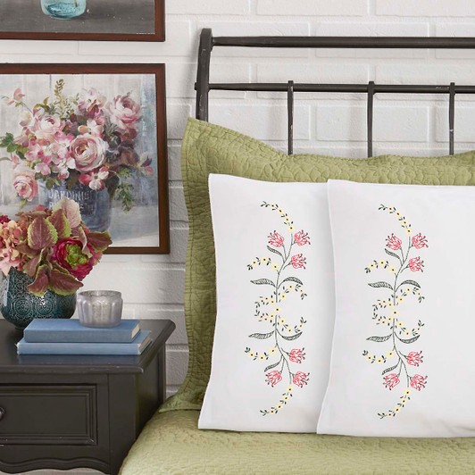 Herrschners Mabel Pillowcase Pair Stamped Embroidery