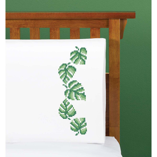 Herrschners Dancing Leaves Pillowcase Pair Stamped Cross-Stitch