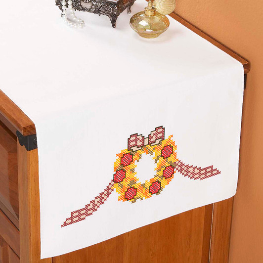Herrschners Harvest Wreath Dresser Scarf Stamped Cross-Stitch