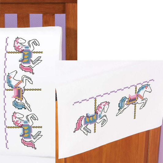Carousel Pillowcase Pair or Dresser Scarf Thread Kit