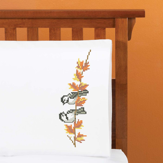 Herrschners Fall Chickadees Pillowcase Pair Stamped Cross-Stitch