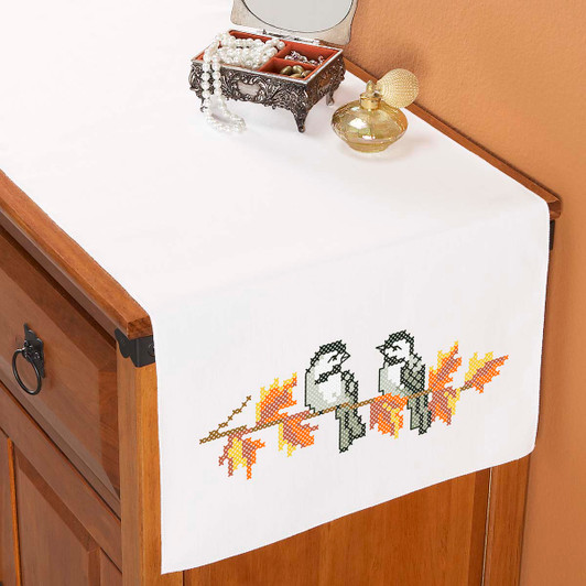 Herrschners Fall Chickadees Dresser Scarf Stamped Cross-Stitch