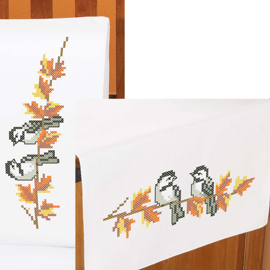 Fall Chickadees Pillowcase Pair or Dresser Scarf Thread Kit